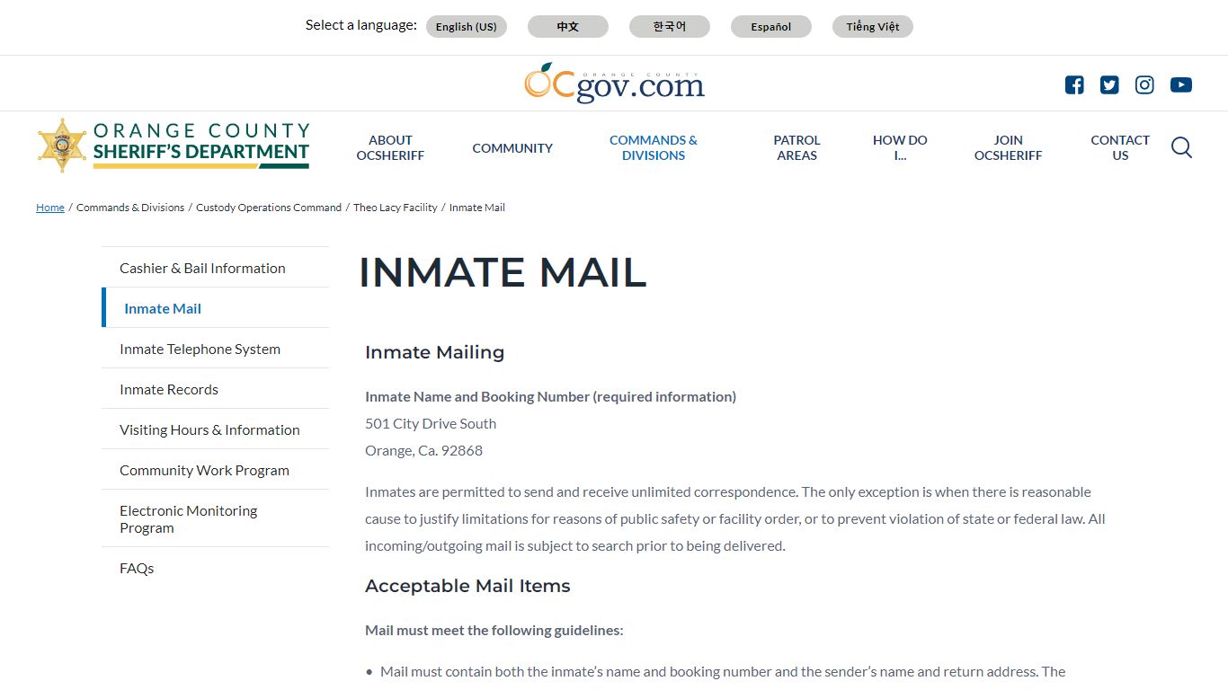 Inmate Mail | Orange County, California - Sheriff's Department